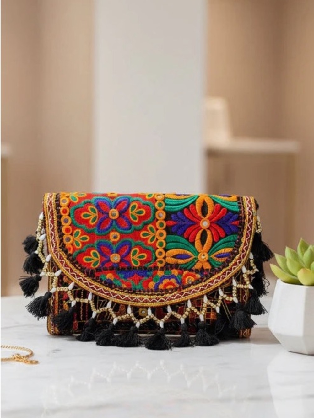Handmade Multicolor Embroidered Beaded Banjara Shoulder/ Clutch Bag BlackOrange